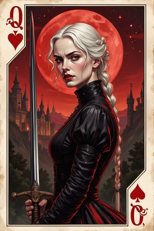 Realistic light reflections. Deep red to black gradient. Ominous atmosphere. Full body side profile of an elegant, scowling female vampire holding an exquisitely designed sword, challenging you. She has pale skin and her white hair is styled in a crown braid. you're not worth her attention, Stern expression, dismissive attitude. She is wearing an upper-class form-fitting outfit suitable for travel in the 18th century. Intimidating gaze. Mist swirl around her. A grand germanic castle is visible far in the distance behind her. It is night, moonlight shines upon her and there are stars visible in the sky. Masterpiece artwork in the style of Art Nouveau. Watercolour, shaded edges. ((The image is imposed on the Queen of hearts playing card.))