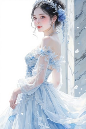 A beautiful, elegant japanese woman, happy modest expression, expressive eyes, distinguished, regal bearing. blue, white and black ink, white background.
She is wearing a visually striking, magnificent, flowing white wedding dress.

Setting: Ballroom, white marble, sunlight shines in, serene.
Art Style: Watercolour. 
Detail Level: Highly detailed, realistic. Masterpiece, High Quality Illustration.

Artgerm, blue and white color scheme, cyberpunk art, synchromism, masterpiece, best quality, aesthetic,