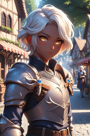 score_9, score_8_up, score_7_up, 1woman, 25 years old, (((androgynous appearance))), ((pretending to be male, manly face)), solo, blush, (serious expression), ((white hair, short hair)), forehead, (golden eyes), HD32k, (white paladin armor), ((medieval town street)), looking at viewer, high definition eyes, high gradient eyes, eyesHD, detailed eyes