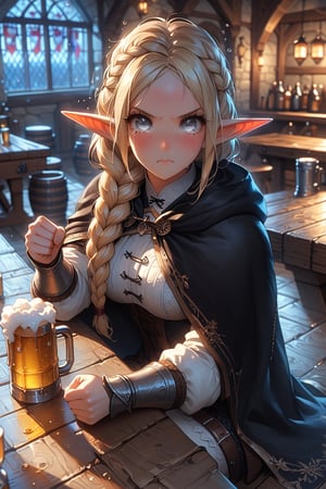 score_9, score_8_up, score_7_up, 1woman, solo, blush, (unhappy, angry, crying), (((drunk))), ((long ears, elf ears)), ((blonde hair, braided hair)), forehead, (((silver eyes))), HD32k, (((dark cloak))), ((medieval tavern, sitting, table in front of her, drinking beer)), ((hitting table with her fist in anger)), looking at viewer, slim, petite, Expressiveh, high definition eyes, high gradient eyes, eyesHD, detailed eyes, from above