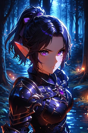 score_9, score_8_up, score_7_up, 1woman, solo, blush, elf ears, (angry expression), ((black hair, short hair, ponytail)), forehead, (violet eyes), HD32k, (black armor, black gloves), ((dark forest, night)), looking at viewer, high definition eyes, high gradient eyes, eyesHD, detailed eyes,, ((from above)), 