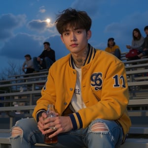 male, tall, he is muscular fit, his face is handsome with a stronger jawline,hes wearing a yellow school letter jacket, he has short kinda curly hair, he has caramel colord eyes, he is sitting the bleachers at a school football game, he has blue dennim jeans on that are ripped at the knee, he is caucasian and has a tan, and has some frekles around his nose and cheeks, he has a glass soda bottle in his hand, its in the evening so the sky is a dark blue shade and clouds blocking some of the bright moon, he has a faint stubble around his jawline and upper lip, he has a few rings on his fingers, and a few visible tattoos, there are other people sitting higher up on the bleachers,