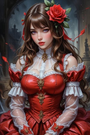 Watercolor acrylic paints, random post of Russian female model, brown hair, bangs, violet eyes, red rose in hair, in red corduroy dress with white ruffles and flounces baroque style, background wind, darkness