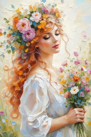 Detailed image, general picture, watercolor, acrylic, casual pose, woman in a bright cotton dress with a bouquet of meadow flowers, fantasy art, with red hair and green eyes, inspired by Eleanor Vere Boyle, Sansa, Elvgren, veiled, druid