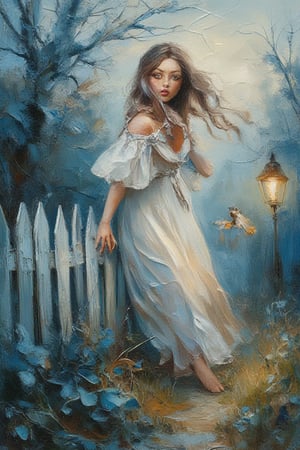 Watercolor, acrylic, casual pose of a Russian female model, brown hair, ribbons, background, ice-blue boards of an old wooden fence, lantern, grass, fog, late evening, atmosphere, dark blue tree branches, photorealistic, shadows, glare, expressive shooting angle, filigree drawing of small details, dynamic pose, a story in the style of historical legends, by Mikhail Garmash.