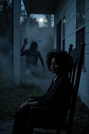 HAUNTED HOUSE, in a swamp, with and old black with a black messy arfro woman, sitting in old rockin chair on the porch, dark, nighttime, foggy, moon in the sky, weeping willows, face focus, pure black eyes, with smile, with shadow demon in background