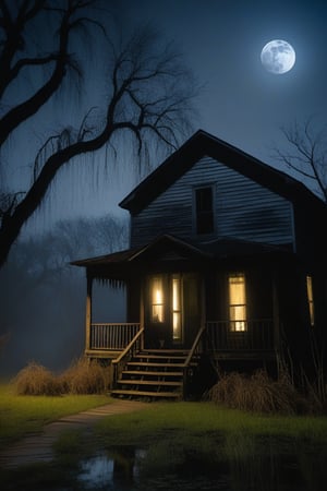 HAUNTED HOUSE, in a swamp, with and old black with a black messy arfro woman, sitting in old rockin chair on the porch, dark, nighttime, foggy, moon in the sky, weeping willows, face focus,