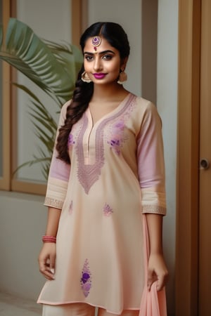 A 25-year-old Indian woman attending a family gathering, showcasing her cultural heritage in a beautifully embroidered kurti paired with matching palazzo pants. Wear a pink and purple saree. Her hair is styled in a sleek braid, and she wears traditional jhumka earrings. 