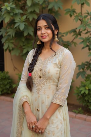 A 25-year-old Indian woman attending a family gathering, showcasing her cultural heritage in a beautifully embroidered kurti paired with matching palazzo pants. The kurti is adorned with intricate threadwork and has a knee-length cut, while the palazzos feature a subtle floral print. Her hair is styled in a sleek braid, and she wears traditional jhumka earrings. 