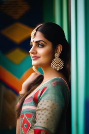 A 25-year-old Indian woman attending a family gathering, showcasing her cultural heritage in a beautifully embroidered kurti paired with matching palazzo pants. The kurti is adorned with intricate threadwork and has a knee-length cut, while the palazzos feature a subtle floral print. Her hair is styled in a sleek braid, and she wears traditional jhumka earrings. 