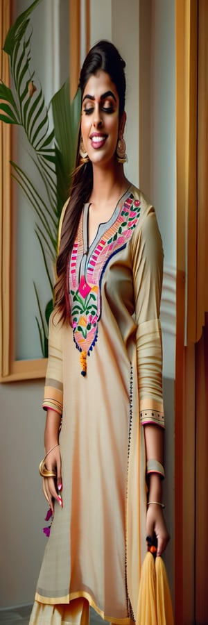 A 25-year-old Indian woman attending a family gathering, showcasing her cultural heritage in a beautifully embroidered kurti paired with matching palazzo pants. Her hair is styled in a sleek braid, and she wears traditional jhumka earrings. 