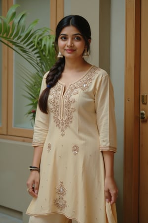 A 25-year-old Indian woman attending a family gathering, showcasing her cultural heritage in a beautifully embroidered kurti paired with matching palazzo pants. The kurti is adorned with intricate threadwork and has a knee-length cut, while the palazzos feature a subtle floral print. Her hair is styled in a sleek braid, and she wears traditional jhumka earrings. 