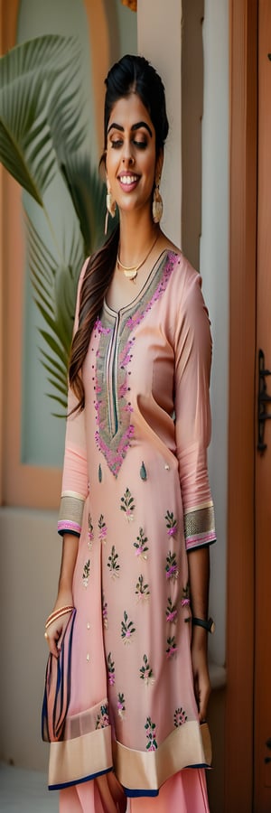 A 25-year-old Indian woman attending a family gathering, showcasing her cultural heritage in a beautifully embroidered kurti paired with matching palazzo pants. Wear a pink saree.Her hair is styled in a sleek braid, and she wears traditional jhumka earrings. 