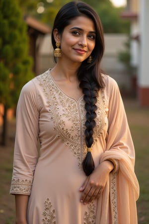 A 25-year-old Indian woman attending a family gathering, showcasing her cultural heritage in a beautifully embroidered kurti paired with matching palazzo pants. The kurti is adorned with intricate threadwork and has a knee-length cut, while the palazzos feature a subtle floral print. Her hair is styled in a sleek braid, and she wears traditional jhumka earrings. 