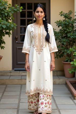 A 25-year-old Indian woman attending a family gathering, showcasing her cultural heritage in a beautifully embroidered kurti paired with matching palazzo pants. The kurti is adorned with intricate threadwork and has a knee-length cut, while the palazzos feature a subtle floral print. Her hair is styled in a sleek braid, and she wears traditional jhumka earrings. Seed 2657403370