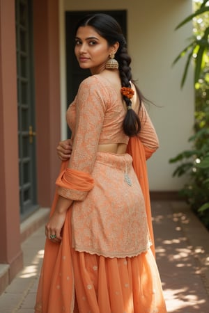 A 25-year-old Indian woman attending a family gathering, showcasing her cultural heritage in a beautifully embroidered kurti paired with matching palazzo pants. The kurti is adorned with intricate threadwork and has a knee-length cut, while the palazzos feature a subtle floral print. Her hair is styled in a sleek braid, and she wears traditional jhumka earrings. 