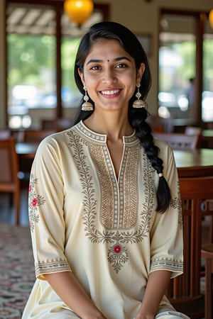 A 25-year-old Indian woman attending a family gathering, showcasing her cultural heritage in a beautifully embroidered kurti paired with matching palazzo pants. The kurti is adorned with intricate threadwork and has a knee-length cut, while the palazzos feature a subtle floral print. Her hair is styled in a sleek braid, and she wears traditional jhumka earrings. Sit in coffee shop