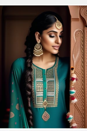 A 25-year-old Indian woman attending a family gathering, showcasing her cultural heritage in a beautifully embroidered kurti paired with matching palazzo pants. The kurti is adorned with intricate threadwork and has a knee-length cut, while the palazzos feature a subtle floral print. Her hair is styled in a sleek braid, and she wears traditional jhumka earrings. 