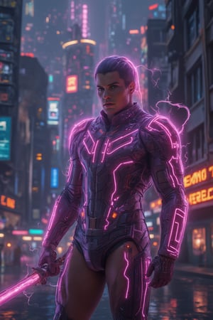 A man wearing a well-designed, tiny briefs-type swimming suit (speedo) on his lower body. He is a futuristic guardian in a neon-lit dystopian cityscape. His upper body is clad in a high-collared, sleek armor made of deep violet alloy that shimmers like polished amethyst, creating an imposing silhouette. The armor is intricately detailed with glowing violet circuitry that pulses rhythmically, tracing elegant lines across his chest and shoulders, giving the impression of a living power source.

His arms are covered with reinforced gauntlets embedded with luminous gems that radiate a soft violet light, enhancing his protective aura. He wields a long, energy-infused sword with a blade that glows with a vibrant violet hue, crackling with energy as it hovers at his side. The futuristic setting features towering skyscrapers adorned with holographic displays and illuminated by dynamic shades of violet and silver. The scene emphasizes his strength and resolve, with shimmering energy particles swirling around him, reflecting the vibrant lights of the city. The overall atmosphere is highly detailed, blending photorealistic textures with digital effects to capture the powerful essence of this futuristic guardian.