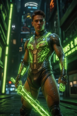 A man wearing a well-designed, tiny briefs-type swimming suit (speedo) on his lower body. He is a futuristic energy warrior in a neon-lit dystopian cityscape. His upper body is covered with a high-tech vest made from luminous green armor plates that emit a faint glow, creating an intricate pattern of hexagonal segments across his chest and shoulders. The vest is lined with small neon green tubes that pulse rhythmically, simulating the flow of energy coursing through his body. His arms are wrapped in flexible, metallic bracers embedded with miniature energy cells that flash with electric currents.

He wields a plasma blade with a transparent handle, filled with swirling green energy that extends into a sharp, glowing blade. The futuristic backdrop includes towering structures with massive energy reactors and green neon signs casting a bright glow across the area. The scene emphasizes his power as an energy warrior, with electric sparks crackling around him, illuminating his surroundings. The atmosphere is highly detailed, blending photorealistic textures with futuristic digital effects to capture the vibrant energy and sleek design of the dystopian setting.