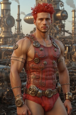 A man lower body wear tiny, tight-fitted, briefs style swimming suit speedo. 

A muscular man dressed in a steampunk-inspired upper body outfit, featuring a fitted leather vest with intricate brass gears and metal straps. His outfit and hair are both a rich shade of vibrant red, seamlessly blending together. Small, delicate flowers are woven into his tousled hair. His clothing includes metallic accents, giving a sleek, unified look. The background is a sprawling steampunk world, filled with towering brass machines, airships, and smokestacks emitting steam, all bathed in a warm, industrial glow. Full body view, emphasizing his confident stance and the detailed harmony of his outfit and hair.