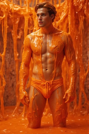 A man lower body wear tiny, tight-fitted, briefs swim suit speedo, full body image,

He is covered in a thick, orange, translucent slime that forms a large, cohesive mass draping over his body like a snug suit. 

The slime should cover him completely, including the front of his torso, and extend down, dripping off his limbs., creating a flowing, dynamic effect. 

His expression shows surprise and curiosity as he interacts with this surreal scene, with the vibrant orange slime contrasting against his skin. 

 The entire background should be filled with vibrant orange slime, creating a whimsical and colorful atmosphere that enhances the fantastical feel of the image.