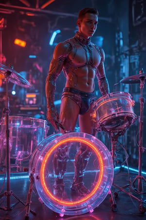 A man lower body wear tiny, tight-fitted, briefs swim suit speedo, full body image,

He is A futuristic drummer stands at a transparent drum set, facing forward with intense focus. His upper body is a sleek fusion of metal and organic design, with robotic arms built for speed and precision, softly glowing at the joints. His lower body remains fully human, showcasing natural muscle tone and strength, grounded firmly as he commands the stage. Each drum is crafted from a transparent, glass-like material, illuminating with every strike as his drumsticks create vibrant ripples of light. Surrounded by neon hues, he embodies a captivating blend of human and machine, performing with high-energy intensity.