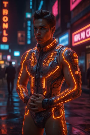 He is a techno-rogue in a neon-lit dystopian cityscape, wearing a sleek, high-tech vest made of reflective orange fabric that glows like molten metal. The vest is embedded with circuits and pulsating LED panels that trace along his chest and arms, creating a dynamic display of shifting patterns. His shoulders are reinforced with metallic plates, while his upper arms are protected by orange-glowing, flexible armor that looks like interlocking scales. A high collar shields his neck, lined with miniature screens showing cryptic symbols. His bracers have built-in holographic interfaces that flash data and commands as he moves.

The lower body remains exposed, revealing a well-designed, tiny briefs-type swimming suit (speedo). His sleek, futuristic look is enhanced by the vibrant orange glow, illuminating his cyber-enhanced body and casting a warm hue in the surrounding neon lights.