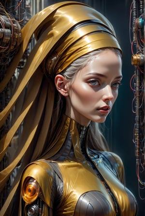 Please create a masterpiece, stunning beauty, nun, perfect face, epic love, Slave to the machine, full-body, hyper-realistic oil painting, vibrant colors, Body horror, wires, biopunk, cyborg by Peter Gric, Hans Ruedi Giger, Marco Mazzoni, dystopic, golden light, perfect composition, col