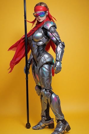 A hyper-realistic 8K portrait-style illustration of a *revenantpdxl* female humanoid robot in *Chromecore* style, featuring a beautifully crafted female face with polished silver metal skin reflecting vibrant colors and gradient hues across its armor-like structure with shimmering iridescent tints. The robot's sleek form is adorned with a bright *red bandana* tied around its head and a loosely wrapped *red scarf* around its neck, offering a vivid contrast against the smooth metallic body. She sports Futuristic Narrow Cyclops Color Mirrored Lens Visor Sunglasses with eye-catching mirrored lenses, crafted from an acetate frame and mirrored polycarbonate UV-protected shield lens. Standing tall against a *simple background* of solid yellow, a glossy black iron rod is fixed perpendicularly into the ground behind her, adding depth without distraction. Her beautifully designed metallic face seamlessly transitions between bright chrome-like reflections and deep shadows, maintaining the sharp, sleek *Chromecore* aesthetic. The vivid red accessories and mirrored visor elevate her powerful, stoic presence, blending futuristic metallic essence with bold, vibrant accents. The entire composition gives the robot a cold yet dynamic, otherworldly aura, as her dynamic pose captures both strength and elegance, reflecting the *Mangaka style* influence.