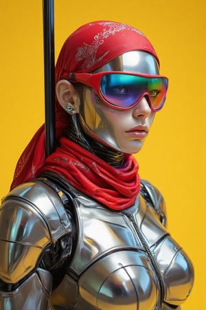 A hyper-realistic 8K portrait-style illustration of a *revenantpdxl* female humanoid robot in *Chromecore* style, featuring a beautifully crafted female face with polished silver metal skin reflecting vibrant colors and gradient hues across its armor-like structure with shimmering iridescent tints. The robot's sleek form is adorned with a bright *red bandana* tied around its head and a loosely wrapped *red scarf* around its neck, offering a vivid contrast against the smooth metallic body. She sports Futuristic Narrow Cyclops Color Mirrored Lens Visor Sunglasses with eye-catching mirrored lenses, crafted from an acetate frame and mirrored polycarbonate UV-protected shield lens. Standing tall against a *simple background* of solid yellow, a glossy black iron rod is fixed perpendicularly into the ground behind her, adding depth without distraction. Her beautifully designed metallic face seamlessly transitions between bright chrome-like reflections and deep shadows, maintaining the sharp, sleek *Chromecore* aesthetic. The vivid red accessories and mirrored visor elevate her powerful, stoic presence, blending futuristic metallic essence with bold, vibrant accents. The entire composition gives the robot a cold yet dynamic, otherworldly aura, as her dynamic pose captures both strength and elegance, reflecting the *Mangaka style* influence.