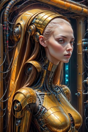 Please create a masterpiece, stunning beauty, nun, perfect face, epic love, Slave to the machine, full-body, hyper-realistic oil painting, vibrant colors, Body horror, wires, biopunk, cyborg by Peter Gric, Hans Ruedi Giger, Marco Mazzoni, dystopic, golden light, perfect composition, col