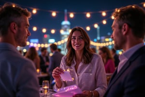 A businesswoman with a poised demeanor networking seamlessly through a sleek rooftop event at night. The scene is captured from an over-the-shoulder angle, highlighting her interaction with others. Prismatic kaleidoscope lighting creates sparkling highlights on the businesswoman's accessories, with twinkling lights emphasizing the lively ambiance. The background features the city skyline and guests, all blurred to accentuate the businesswoman's engagement. The starry night sky enhances the overall sophisticated atmosphere.

(1.6-1) dS = δQ_rev/T::0.4 businesswoman::0.6 rooftop event --s prismatic kaleidoscope lighting effects,PrismKaleidoscope,Businesswoman,Businesswomanpose