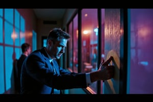 A dark cinematic scene with a sliced prism pop art style featuring a businessman nervously hiding next to a modern boardroom door. He leans against the wall, peeking anxiously toward the closed door, his face showing clear signs of panic. The corridor is dimly lit, with deep shadows and subtle reflections from the glass panels lining the wall. Vivid colors of purples, blues, and pinks slice through the scene, creating fragmented, prism-like reflections across the businessman and the walls. The lighting is moody, casting a dramatic contrast between light and dark, giving the scene a tense and surreal atmosphere,Sliced Prism-Pop,businessmansuit,DRK