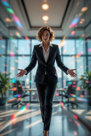 A businesswoman with a sharp tailored suit posing confidently through a modern office space at midday. The scene is captured from a low-angle shot, highlighting her assertive stance. Prismatic kaleidoscope lighting creates a spectrum of colors on the businesswoman's surface, with fragmented reflections emphasizing her dynamic role. The background features sleek glass walls and minimalist decor, all blurred to accentuate the businesswoman's presence. The bright office lighting enhances the overall professional atmosphere.

(1.6-1) dS = δQ_rev/T::0.7 businesswoman::0.3 modern office space --s prismatic kaleidoscope lighting effects,PrismKaleidoscope,Businesswoman,Businesswomanpose