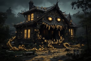 A dark fantasy scene of a monstrous house with twisted walls and windows, incorporating golden flowers that emit an eerie glow. Golden vines snake out from the house, pulling in innocent people as they struggle against the chaotic force. The house’s maw-like entrance is wide open, swallowing those caught in its grasp. The scene is filled with total mess and chaos, with overturned furniture, scattered debris, and terrified expressions. The golden flowers glow eerily, casting shadows across the scene, contrasting against the dark, overcast atmosphere, adding to the unsettling and nightmarish feel,Monster House,QuantumDynasty,Fantasy detailers 