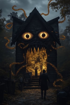 A dark fantasy scene of a monstrous house with twisted walls and windows, incorporating golden flowers that emit an eerie glow. Golden vines snake out from the house, pulling in innocent people as they struggle against the chaotic force. The house’s maw-like entrance is wide open, swallowing those caught in its grasp. The scene is filled with total mess and chaos, with overturned furniture, scattered debris, and terrified expressions. The golden flowers glow eerily, casting shadows across the scene, contrasting against the dark, overcast atmosphere, adding to the unsettling and nightmarish feel,Monster House,QuantumDynasty,Fantasy detailers 