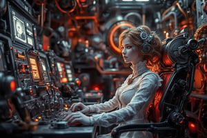 A detailed scene inside the control room of a Gundam, featuring a steampunk porcelain doll lady with delicate features. She is seated in a command chair, her porcelain hands skillfully manipulating control levers and holographic panels. The room is filled with intricate, sophisticated mechanisms, blending brass gears, copper pipes, and sleek futuristic displays. Infrared lighting casts a deep red glow, accentuating the metallic surfaces and the digital readouts of the Gundam's systems. The doll's attire is a blend of lace, leather, and metallic accessories, adding to the steampunk aesthetic while she controls the massive machine with precision. The scene combines the charm of vintage style with the sleekness of advanced technology,Fantasy detailers,InfraRedVision,PorcelainDollPrincess