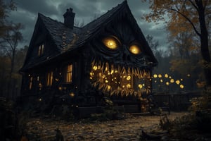 A dark fantasy scene of a monstrous house with twisted walls and windows, incorporating golden flowers that emit an eerie glow. Golden vines snake out from the house, pulling in innocent people as they struggle against the chaotic force. The house’s maw-like entrance is wide open, swallowing those caught in its grasp. The scene is filled with total mess and chaos, with overturned furniture, scattered debris, and terrified expressions. The golden flowers glow eerily, casting shadows across the scene, contrasting against the dark, overcast atmosphere, adding to the unsettling and nightmarish feel,Monster House,QuantumDynasty,Fantasy detailers 