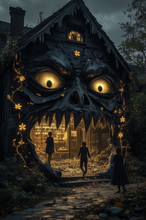 A dark fantasy scene of a monstrous house with twisted walls and windows, incorporating golden flowers that emit an eerie glow. Golden vines snake out from the house, pulling in innocent people as they struggle against the chaotic force. The house’s maw-like entrance is wide open, swallowing those caught in its grasp. The scene is filled with total mess and chaos, with overturned furniture, scattered debris, and terrified expressions. The golden flowers glow eerily, casting shadows across the scene, contrasting against the dark, overcast atmosphere, adding to the unsettling and nightmarish feel,Monster House,QuantumDynasty,Fantasy detailers 