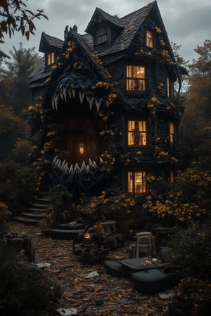 A dark fantasy scene of a monstrous house with twisted walls and windows, incorporating golden flowers that emit an eerie glow. Golden vines snake out from the house, pulling in innocent people as they struggle against the chaotic force. The house’s maw-like entrance is wide open, swallowing those caught in its grasp. The scene is filled with total mess and chaos, with overturned furniture, scattered debris, and terrified expressions. The golden flowers glow eerily, casting shadows across the scene, contrasting against the dark, overcast atmosphere, adding to the unsettling and nightmarish feel,Monster House,QuantumDynasty,Fantasy detailers 