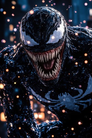 Illustrate a pixel art battle scene featuring Venom in a furious pose, facing off against Spider-Man. Venom's face is twisted in rage, with his sharp teeth bared and eyes narrowed. The background is a vibrant pixelated cityscape, with buildings rendered in bright colors. Add action lines around Venom to emphasize movement, showcasing his anger and power. . . various places, various clothes, various situations, various backgrounds, Different styles of clothing, different skin colors, Different hairstyles, different facial expressions, Various characters, Different races of people, different hair colors, Various body movements, fantasy style, high-resolution picture,Starlight Pixel,cinematic dramatic color style