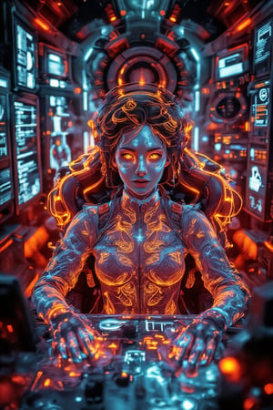 A detailed scene inside the control room of a Gundam, featuring a steampunk porcelain doll lady with delicate features. She is seated in a futuristic command chair, wearing a sleek helmet connected to glowing wires that pulse with energy, feeding into the control systems of the Gundam. Her hands hover over floating holographic controls, manipulating intricate blue projections that adjust the machine’s movements. The room is filled with advanced digital displays and a network of neon-blue holographic interfaces, blending steampunk aesthetics with cutting-edge technology. Infrared lighting casts a deep red glow, highlighting the metallic surfaces of the control room and the intricate designs on her lace and leather attire. The scene combines the charm of vintage style with the sleekness of advanced technology, capturing a seamless fusion of the past and future,InfraRedVision,PorcelainDollPrincess,Fantasy detailers 