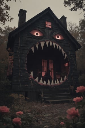 A dark fantasy scene of a monstrous house with twisted walls and windows, incorporating crimson flowers that emit an eerie glow. Golden vines snake out from the house, pulling in innocent people as they struggle against the chaotic force. The house’s maw-like entrance is wide open, swallowing those caught in its grasp. The scene is filled with total mess and chaos, with overturned furniture, scattered debris, and terrified expressions. The crimson flowers glow eerily, casting shadows across the scene, contrasting against the dark, overcast atmosphere, adding to the unsettling and nightmarish feel,Monster House,Fantasy detailers,Crimson NeoPop