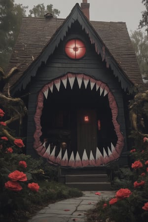 A dark fantasy scene of a monstrous house with twisted walls and windows, incorporating crimson flowers that emit an eerie glow. Golden vines snake out from the house, pulling in innocent people as they struggle against the chaotic force. The house’s maw-like entrance is wide open, swallowing those caught in its grasp. The scene is filled with total mess and chaos, with overturned furniture, scattered debris, and terrified expressions. The crimson flowers glow eerily, casting shadows across the scene, contrasting against the dark, overcast atmosphere, adding to the unsettling and nightmarish feel,Monster House,Fantasy detailers,Crimson NeoPop