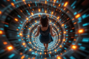 A businesswoman with an elegant dress ascending gracefully through a spiral staircase at dawn. The scene is captured from a bird's-eye view, highlighting her poised movement. Prismatic kaleidoscope lighting creates a cascade of colors on the businesswoman's figure, with radiant beams emphasizing her ascent. The background features architectural details, all blurred to accentuate the businesswoman's motion. The soft morning light enhances the overall inspiring atmosphere.

(1.6-1) dS = δQ_rev/T::0.5 businesswoman::0.5 spiral staircase --s prismatic kaleidoscope lighting effects,PrismKaleidoscope,Businesswoman,Businesswomanpose