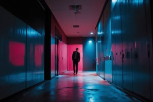 A dark cinematic scene with a sliced prism pop art style featuring a businessman nervously hiding next to a modern boardroom door. He leans against the wall, peeking anxiously toward the closed door, his face showing clear signs of panic. The corridor is dimly lit, with deep shadows and subtle reflections from the glass panels lining the wall. Vivid colors of purples, blues, and pinks slice through the scene, creating fragmented, prism-like reflections across the businessman and the walls. The lighting is moody, casting a dramatic contrast between light and dark, giving the scene a tense and surreal atmosphere,Sliced Prism-Pop,businessmansuit,DRK