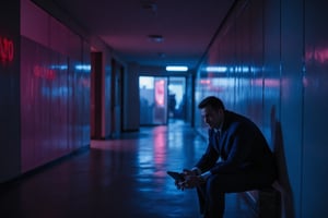 A dark cinematic scene with a sliced prism pop art style featuring a businessman nervously hiding next to a modern boardroom door. He leans against the wall, peeking anxiously toward the closed door, his face showing clear signs of panic. The corridor is dimly lit, with deep shadows and subtle reflections from the glass panels lining the wall. Vivid colors of purples, blues, and pinks slice through the scene, creating fragmented, prism-like reflections across the businessman and the walls. The lighting is moody, casting a dramatic contrast between light and dark, giving the scene a tense and surreal atmosphere,Sliced Prism-Pop,businessmansuit,DRK