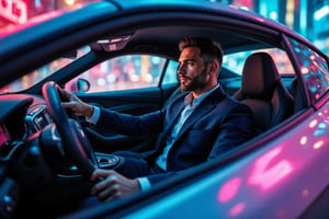 A dynamic scene in a sliced prism pop art style featuring a successful businessman driving a sleek sports car. The view is from the interior side, showing the businessman with a focused expression as he grips the steering wheel. The interior is modern and stylish, with smooth leather seats and polished metal accents. Prismatic reflections cast vibrant streaks of neon blues, purples, and pinks across the scene, creating a fragmented, dynamic look. The lighting is bold and high-contrast, adding depth and a surreal pop art feel to the luxurious atmosphere inside the car,Sliced Prism-Pop,businessmansuit,Fantasy detailers 