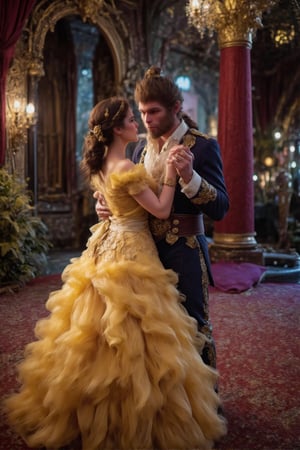 In a scene in the movie Beauty and the Beast, she wears a yellow and white lace dress in an elegant Victorian style. Dancing with monkey like beast ((wukong)). They were happy looking into each other's eyes lovingly in a luxurious castle decorated in Victorian style. The lights were soft and colored.,CNShenhou